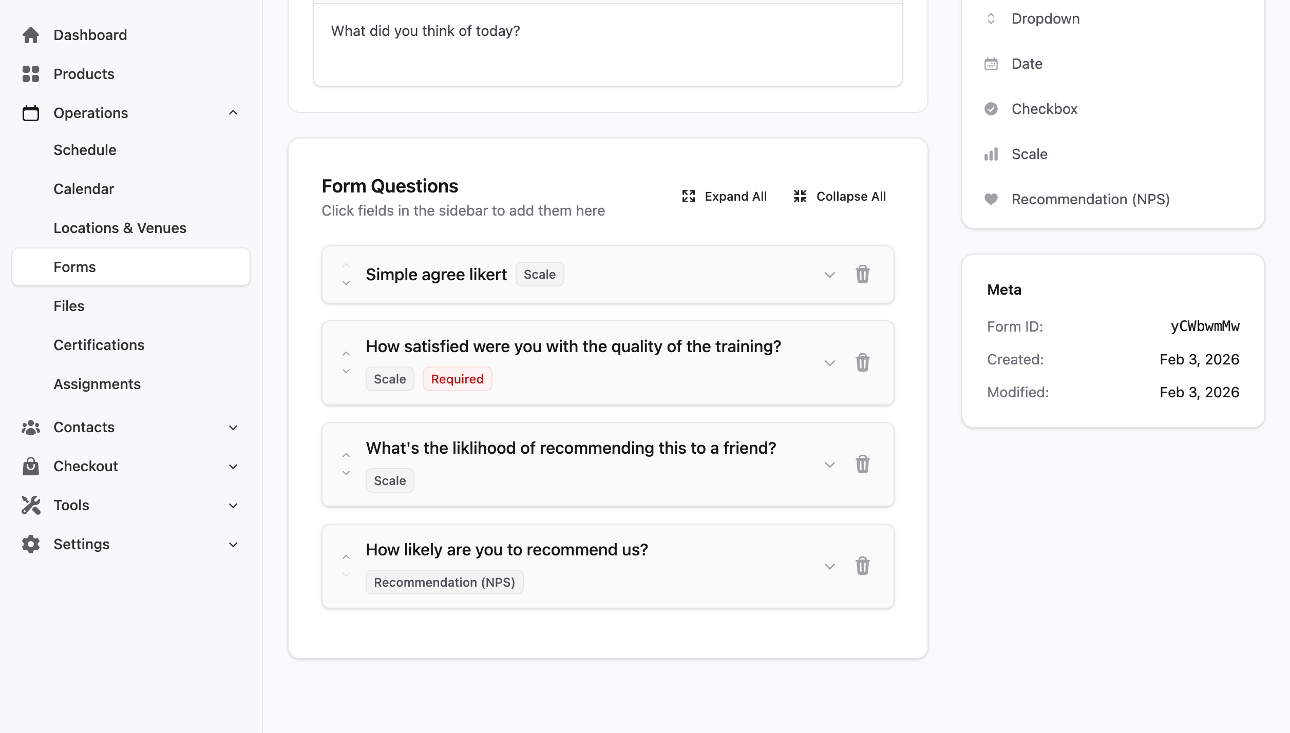 Feedback form with multiple questions including Scale and Recommendation (NPS) question types