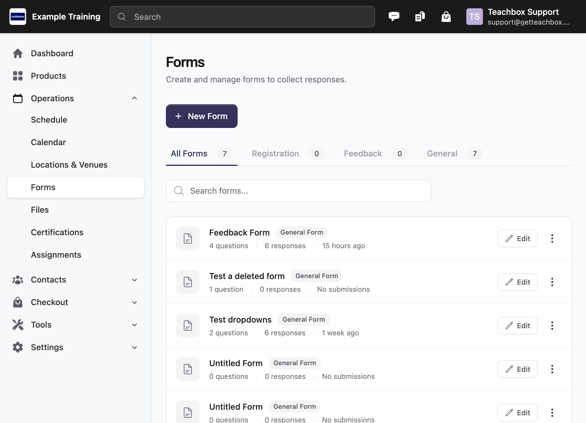 Forms list page showing the New Form button and list of existing forms